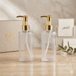 علبة فارغة لوشن + صابون بلاستيك رأس ذهبي عبوة 250 مل مع مكان طباعة ستيكر الشعار