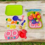 طقم لعبة مطبخ تقطيع فواكه وخضروات وغاز للأطفال ، بيض وصحن